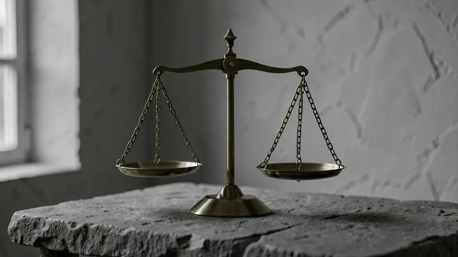 A single brass balance scale in near darkness, one pan empty and lit, the other in shadow.