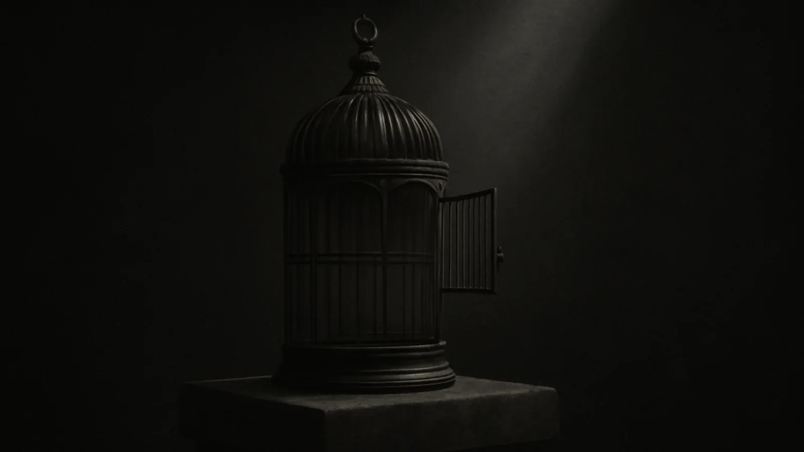 A single dark bird cage on a stone plinth, its door open, standing empty in a shaft of hard light.