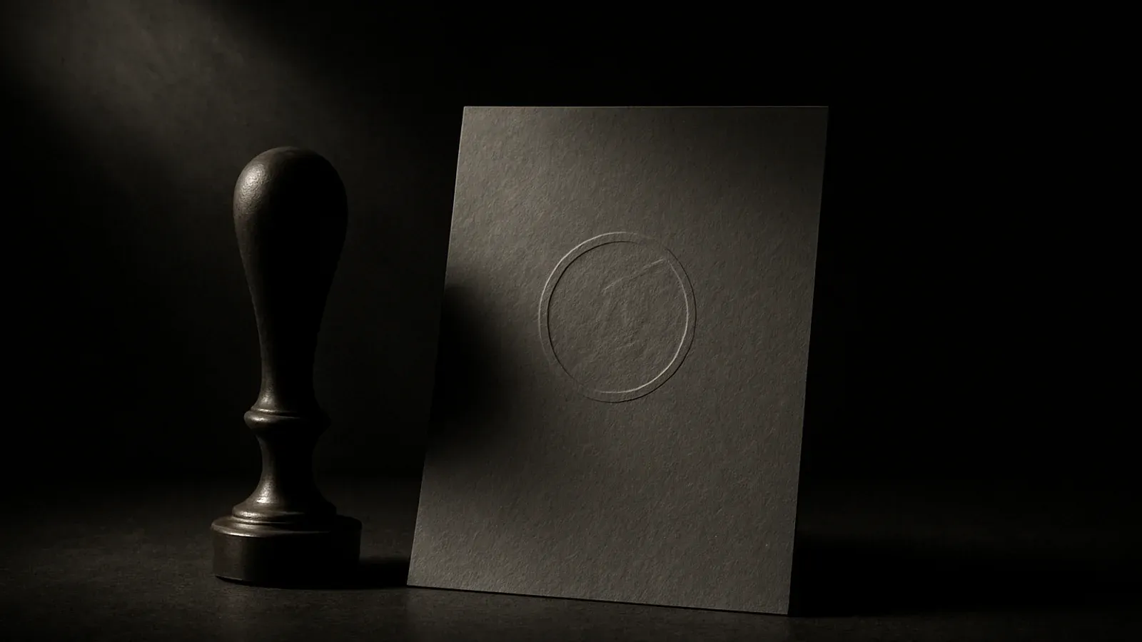 A brass seal resting beside a sheet of paper whose embossed mark catches a single shaft of light.