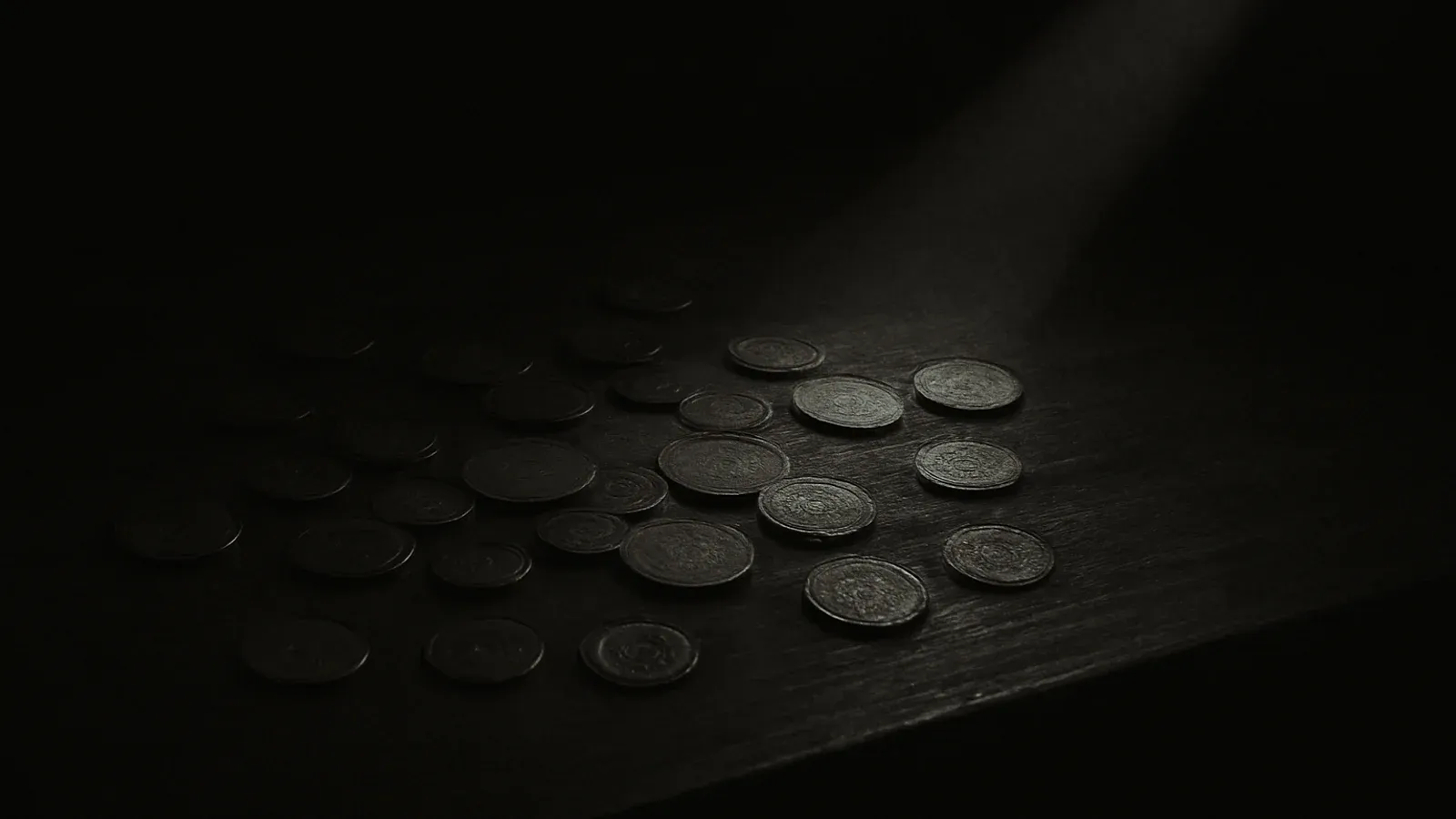 Old coins scattered on a dark wooden table, crossed by a single hard shaft of light.