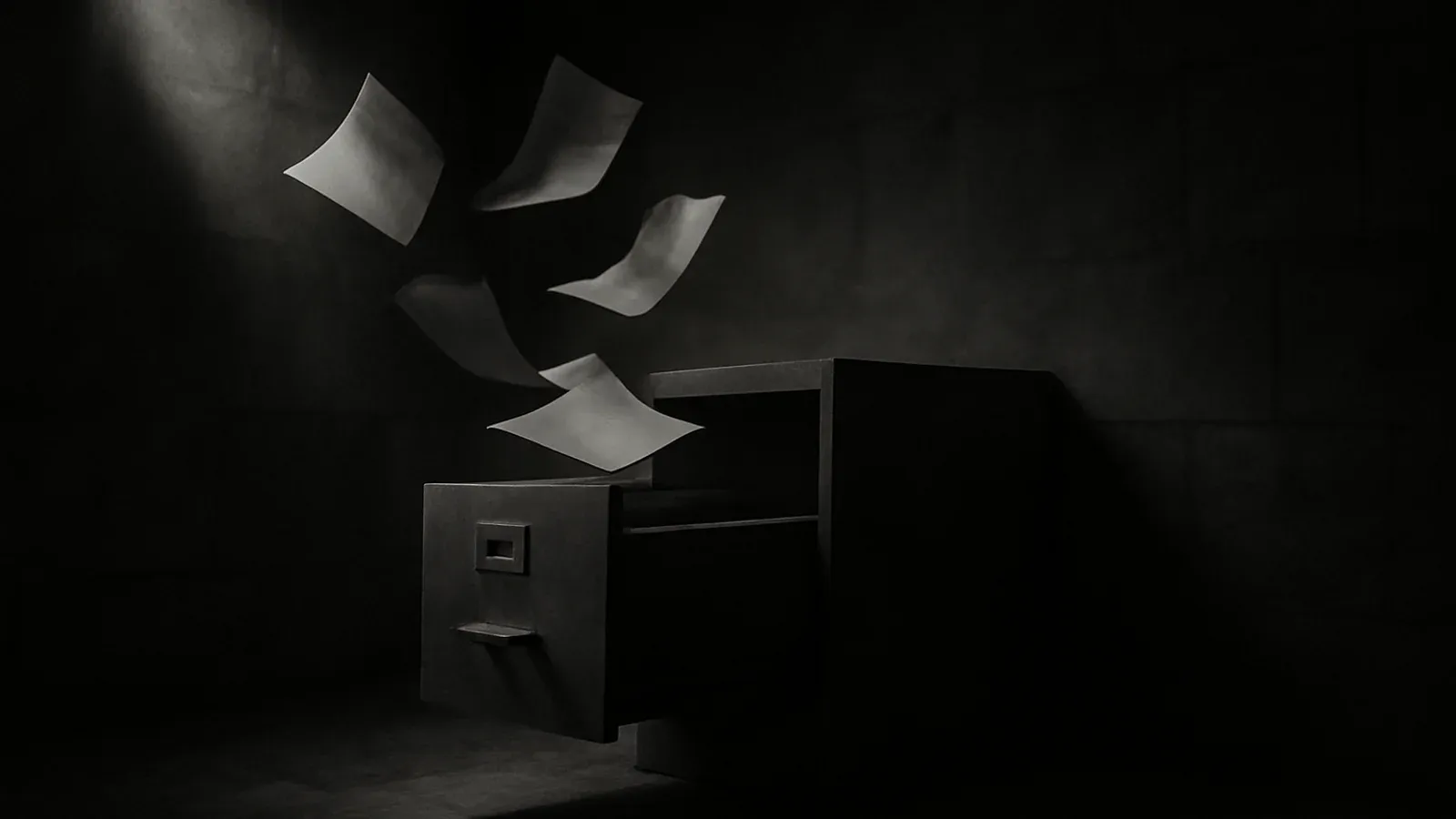 An open steel archive drawer in a dark stone room, loose documents lifted into a single shaft of hard light.