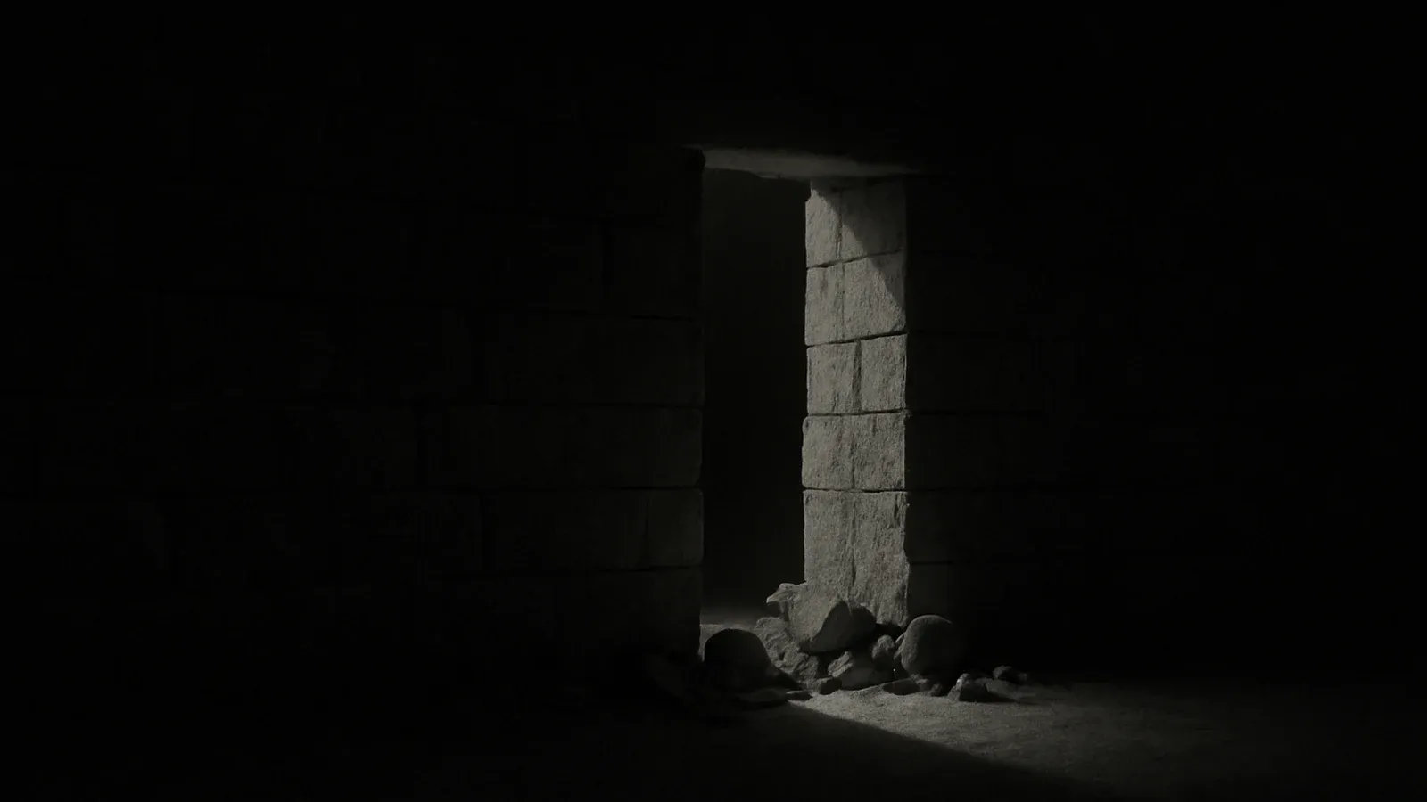 A breach in a weathered stone wall, light pouring through the gap onto scattered rubble.
