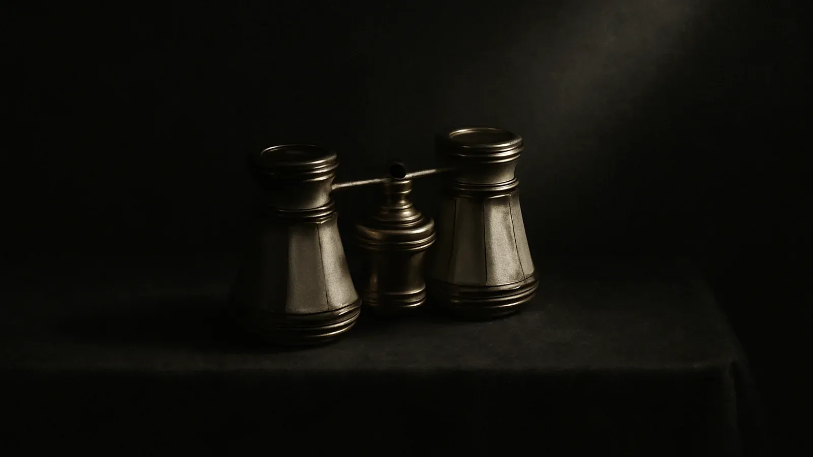 A pair of antique opera glasses resting in darkness, caught by a single shaft of light.