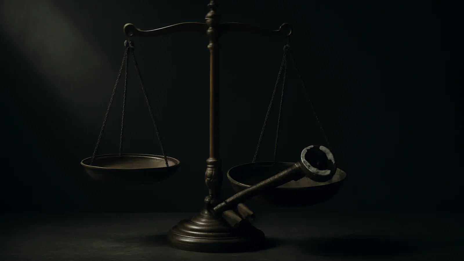 A pair of antique brass balance scales on dark stone, the left pan empty and a single large iron key resting across the right.