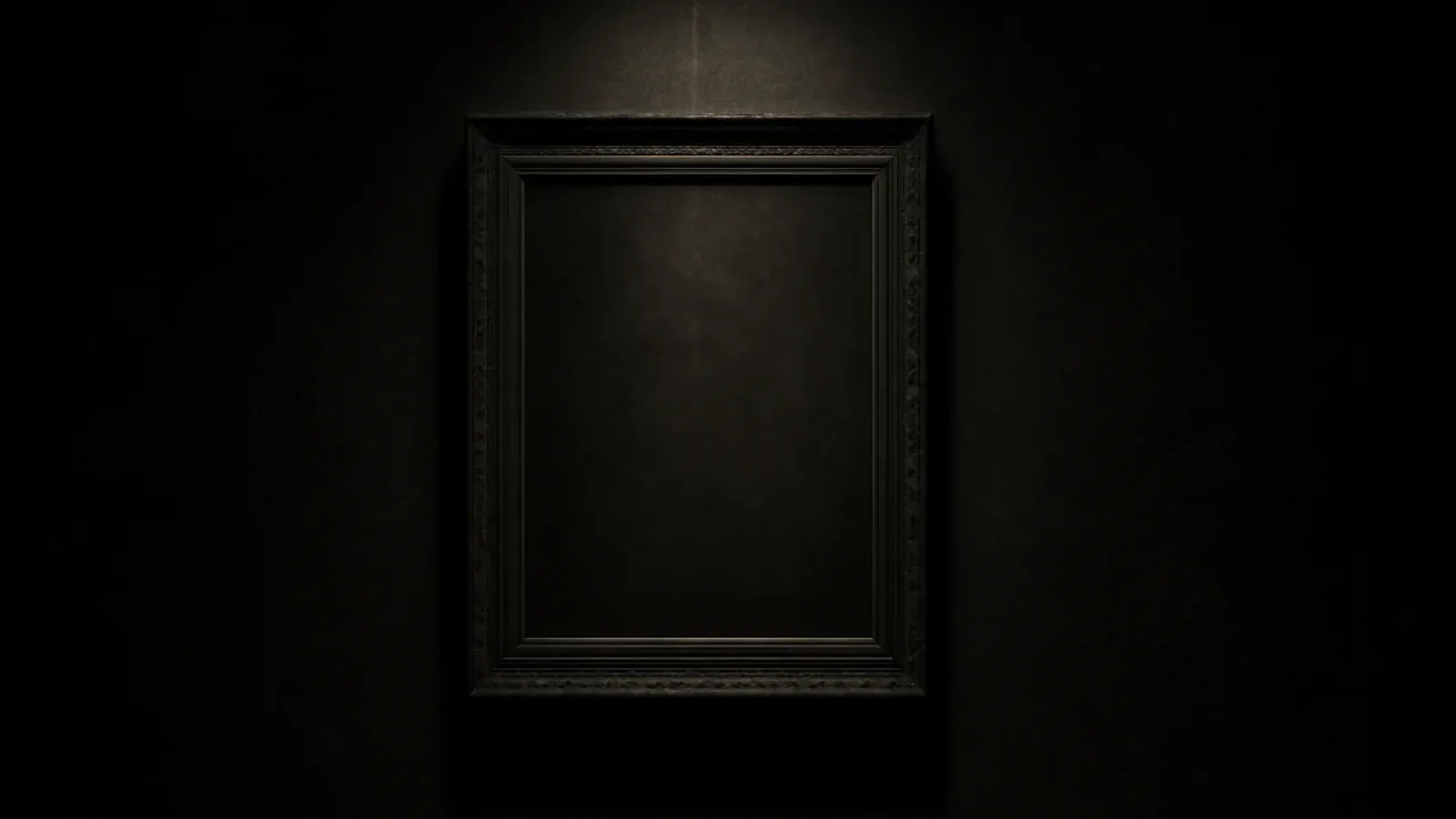 An ornate empty picture frame on a dark gallery wall, lit by a single shaft of light.