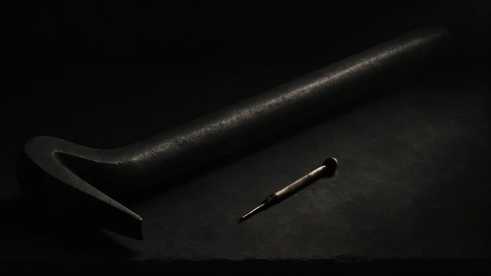 A heavy iron crowbar resting on a stone bench beside a small brass jeweller's screwdriver, the scale between them exaggerated by a single hard shaft of light.