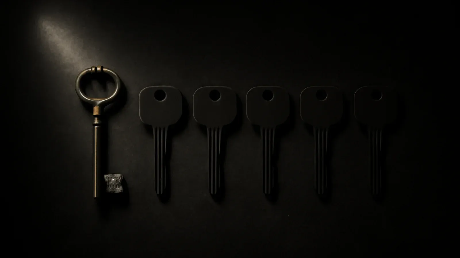 A dark stone room with a single brass skeleton key duplicated into a row of identical forged copies on a stone shelf.