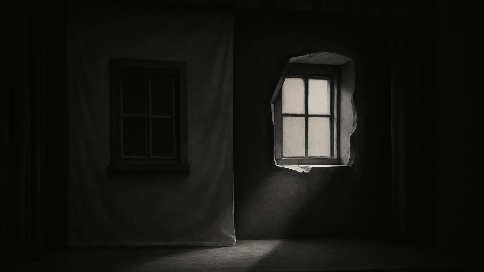 A dark stage set with a painted backdrop of a window, a real window visible through a tear in the canvas beside it.