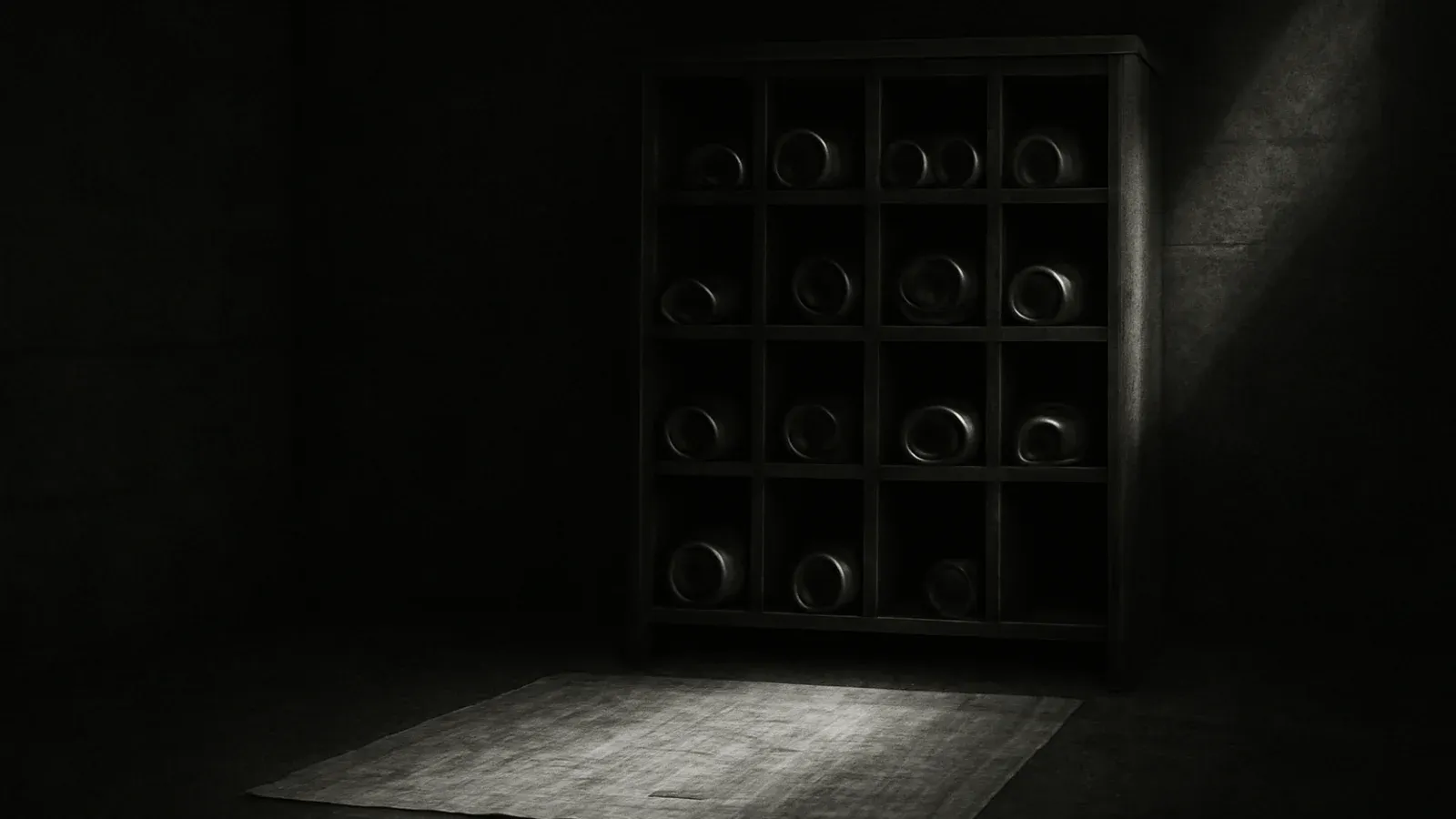 A dark stone room holding rolled architectural drawings stacked in an open wooden rack, one unrolled sheet catching a shaft of light.