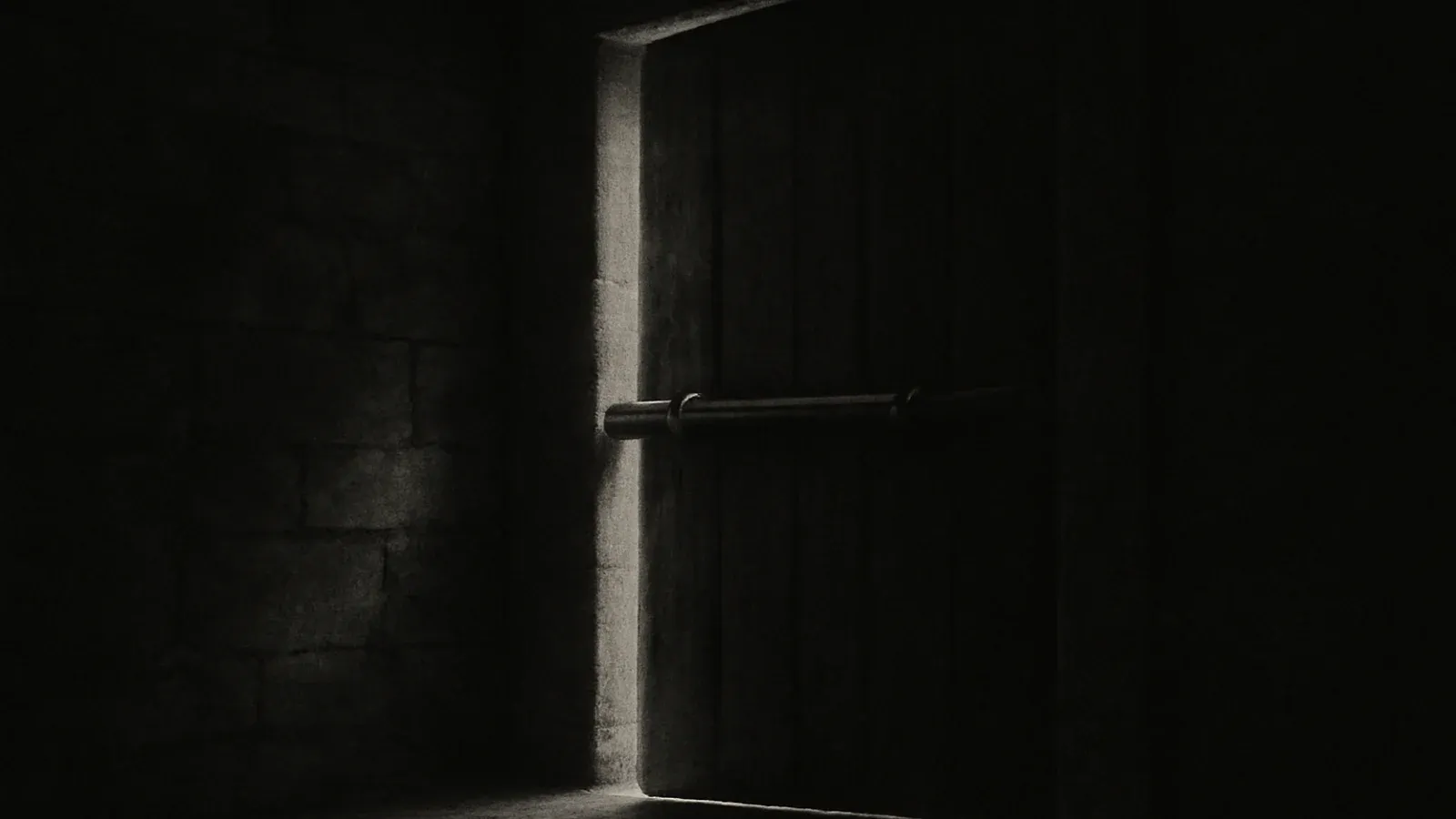 A dark wooden gate with a single heavy iron bolt drawn back, standing ajar in a stone wall.